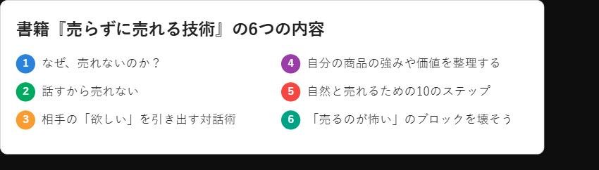 書籍『売らずに売れる技術』の6つの内容を示す図解