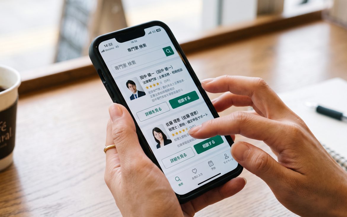 スマートフォンで専門家を検索している手元