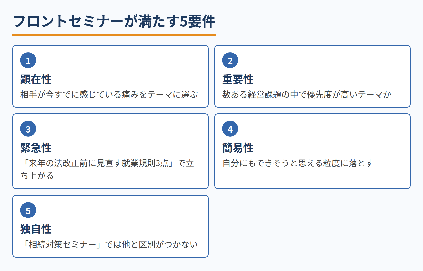 フロントセミナーが満たす5要件
