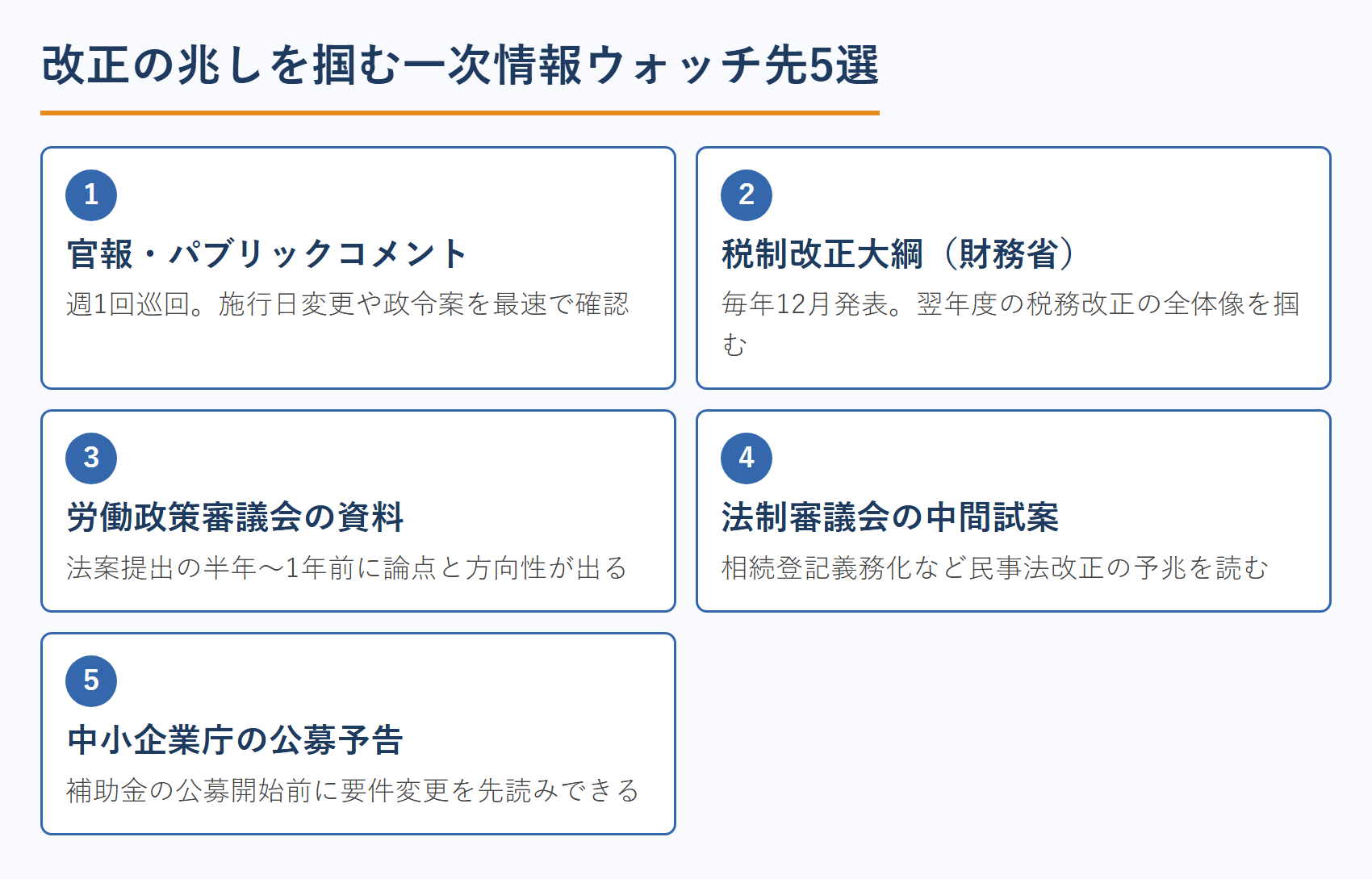 改正の兆しを掴む一次情報ウォッチ先5選