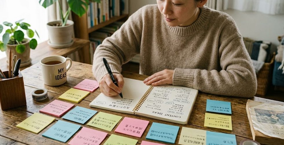ノートに発信テーマを書き出して整理している様子