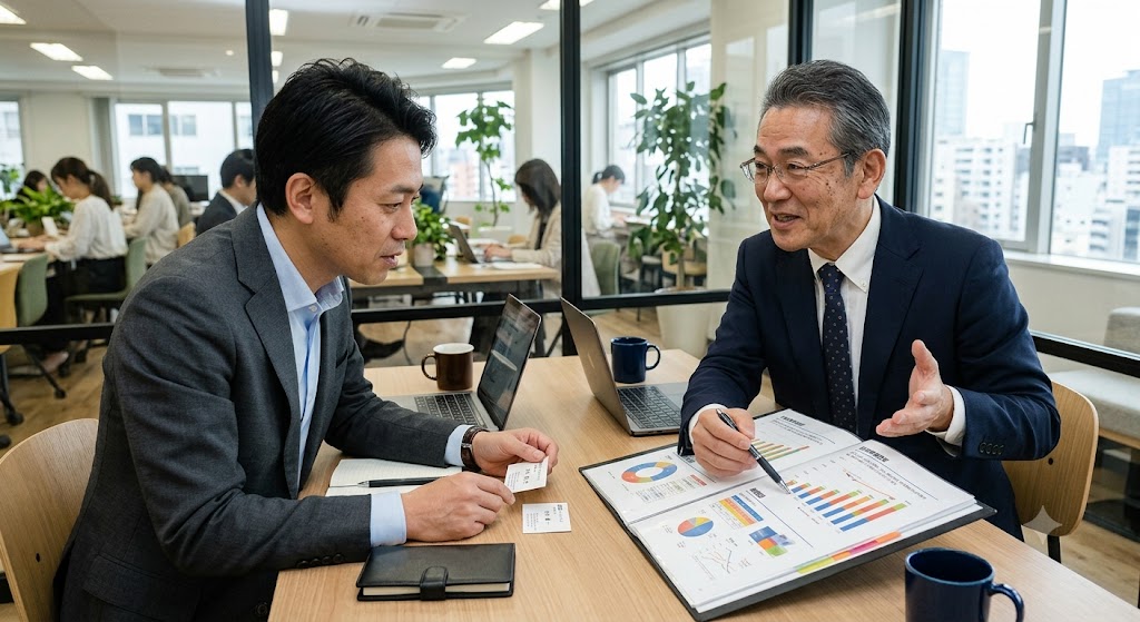 創業予定者から事業内容を聞き取っている場面