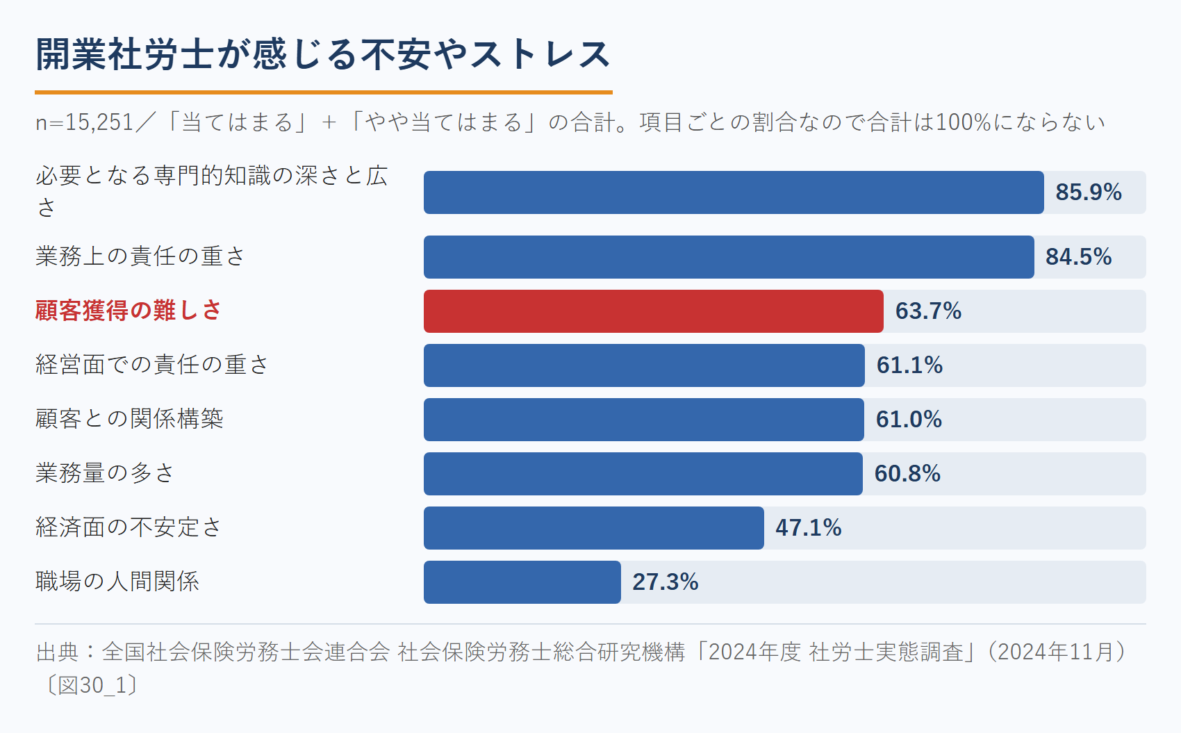 開業社労士が感じる不安やストレスの上位項目（2024年度社労士実態調査）